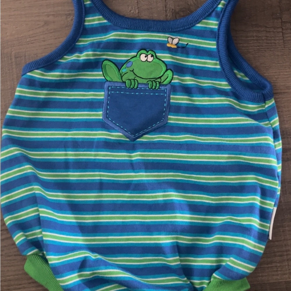 1970’s Healthtex Blue and Green Striped Baby Romper